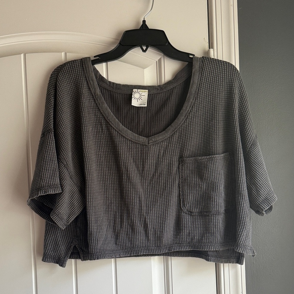 Gray Waffle Knit Cropped Top Aerie